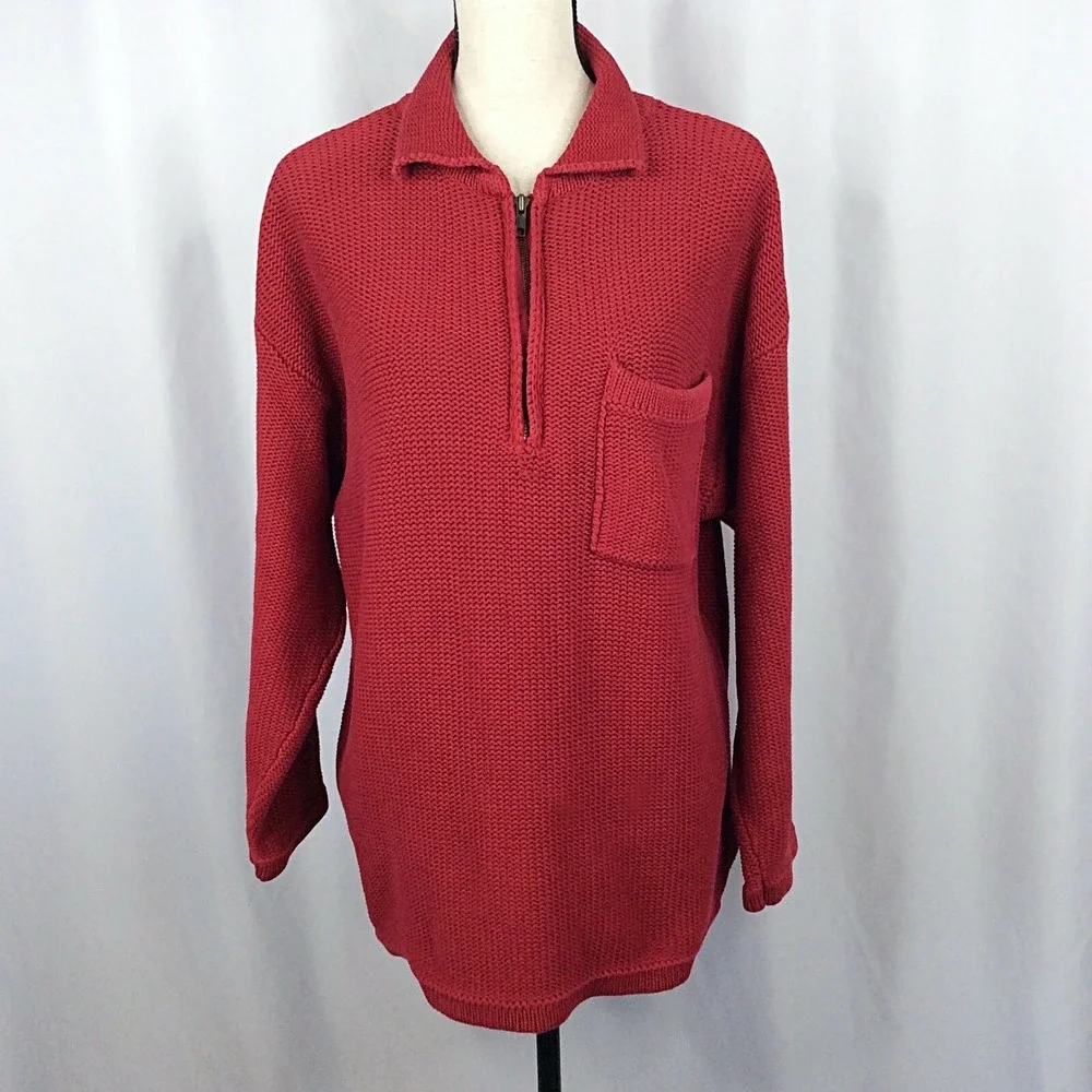 Eddie Bauer‎ Women's 1/4 Zip Pullover Sweater Size Large Red Thick Pocket